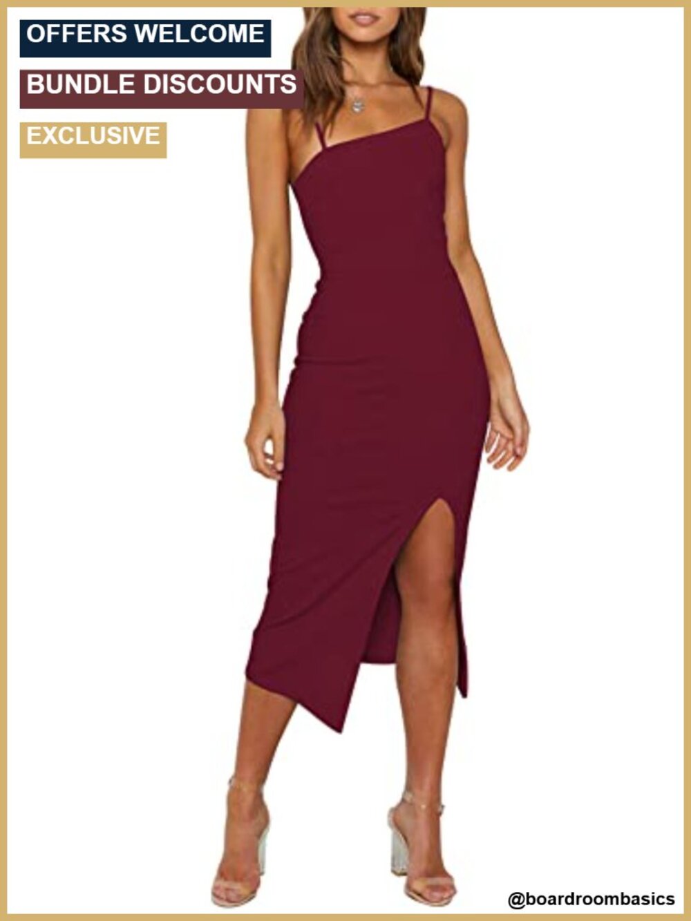 Spaghetti Strap Bodycon Midi Dress Side Slit Wedding Guest Party